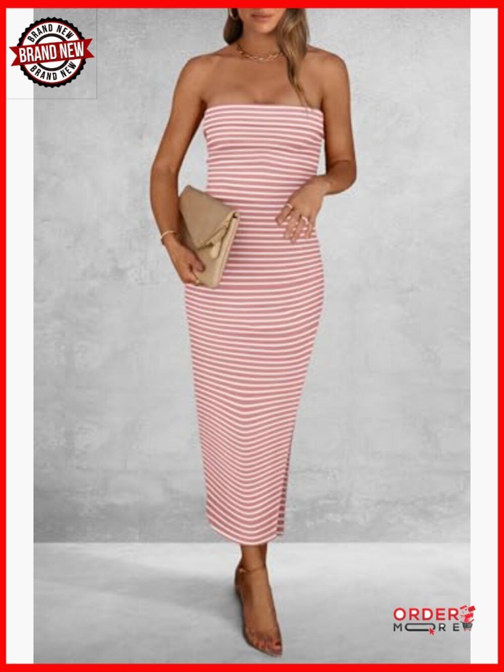 Bodycon Maxi Tube Dress Ribbed Strapless Side Slit Casual Party - Picture 3 of 7
